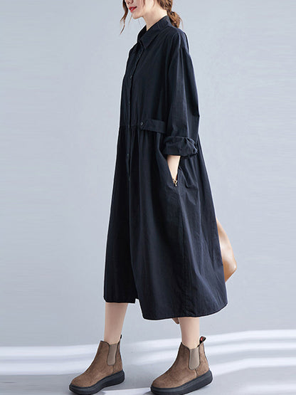 Casual Solid Color Pleated Buttoned Lapel Collar Long Sleeves Midi Shirt Dress
