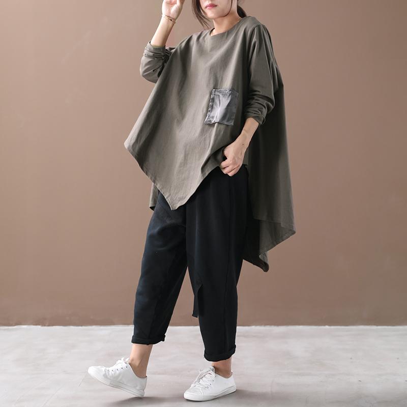 Buykud Patchwork Pocket Irregular Hem Casual Blouse