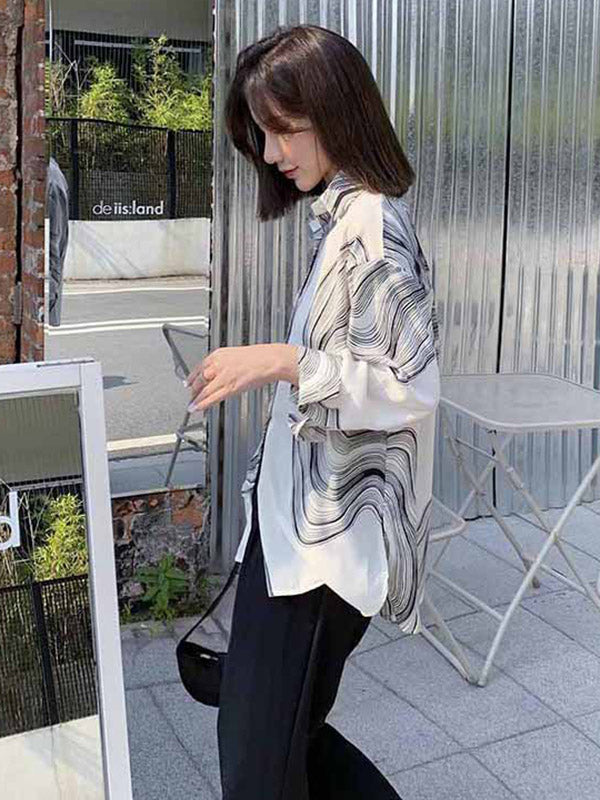 Urban Printed Buttoned Asymmetric Lapel Blouses Tops