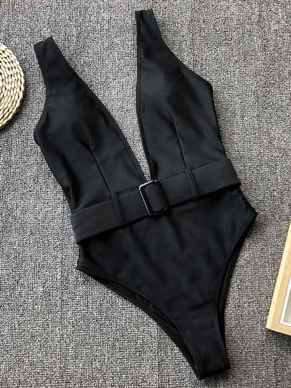 Belt Buckle Plain One Piece Swimsuit