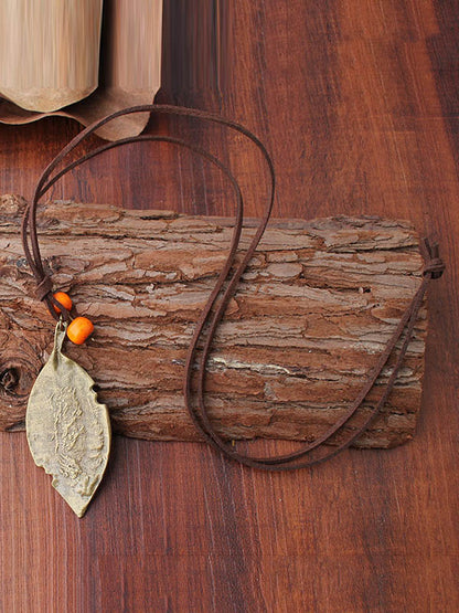 Vintage Alloy Leaf Velour Leather Rope Necklace