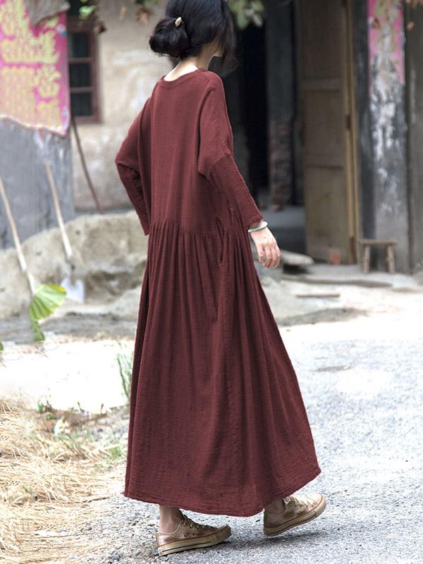 Ramie Cotton V-neck Loose Vintage Solid Midi Dresses