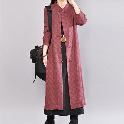 Casual Stand Collar Single Breasted Lattice Wine Red Coat