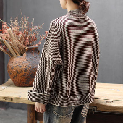 Buykud Half Turtleneck Striped Pullover Casual Sweater