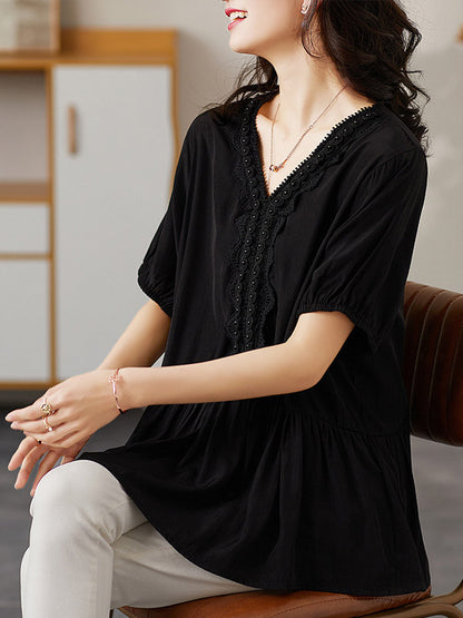 Casual Solid Color Split-Joint Lace Pleated Beaded V-Neck Elasticity Short Sleeves T-Shirt