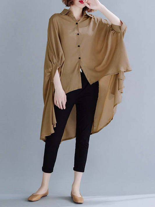 Casual Solid Color Irregular Pleated Buttoned Lapel Collar Batwing Half Sleeves Blouse