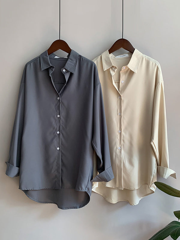 Simple Solid Color Buttoned Lapel Long Sleeves Blouse Tops