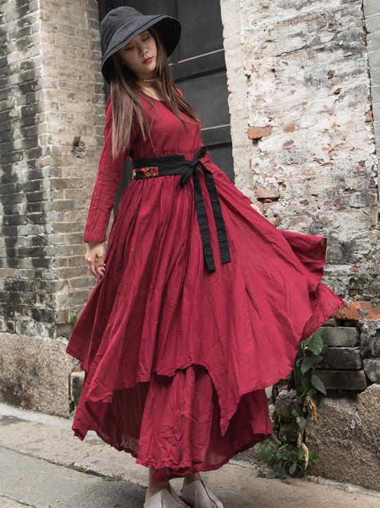 Cotton Solid Split-joint Ramie Cotton Big Hemline Long Dress