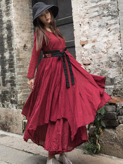 Cotton Solid Split-joint Ramie Cotton Big Hemline Long Dress