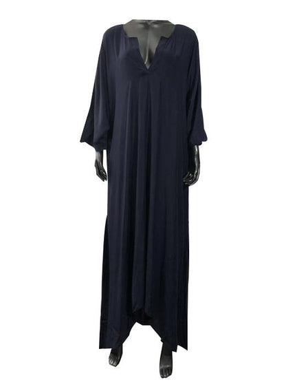 Loose Navy-blue V-neck Half-sleeves Long Dress