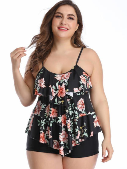 Plus Size Ruffled Printed Tankinis Swimwear