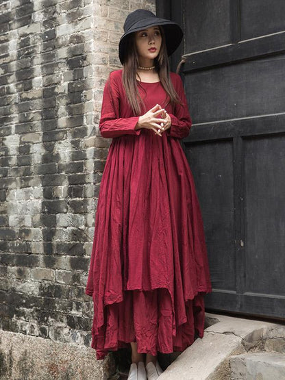 Cotton Solid Split-joint Ramie Cotton Big Hemline Long Dress