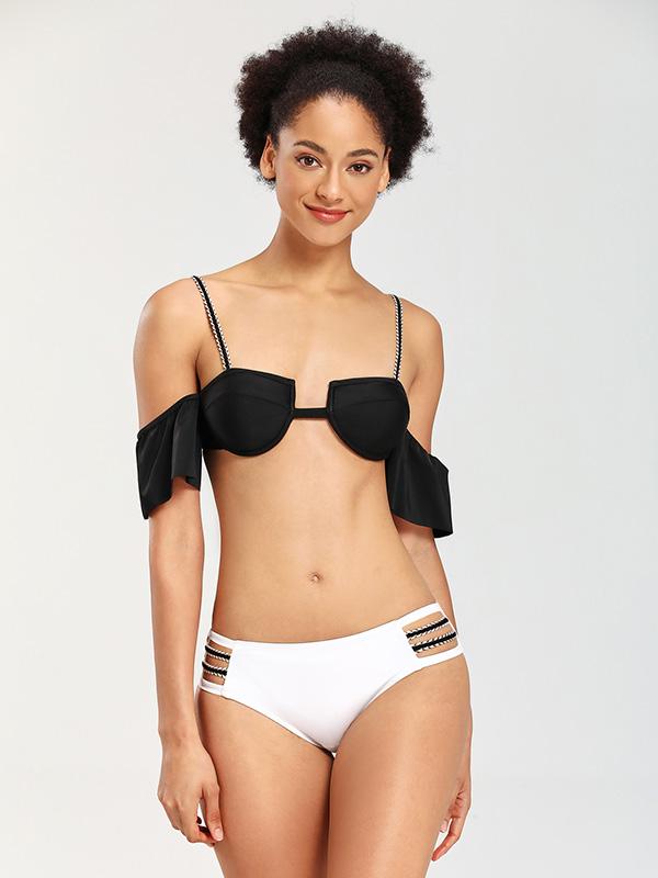 Falbala Sleeves Strapless Split Bikini Swimsuit