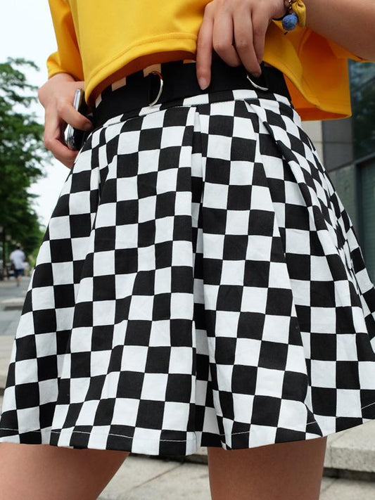 Printed Black&white Plaid Pleated Skirt