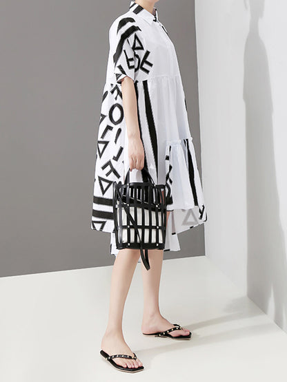 Loose Asymmetric Printed High-Low Lapel Split-Joint Midi Dress