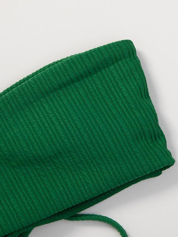 Solid Color Strapless Bandage Split Bikini Swimsuit