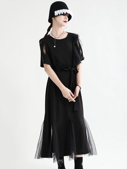 Asymmetric Split-Joint Gauze Hollow Short Sleeves A-Line Midi Dress
