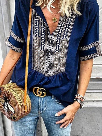 Short Sleeves V-neck Floral Blouses&shirts Tops