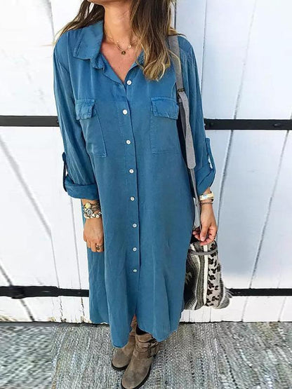 Bohemia Solid Color Shirt Midi Dress
