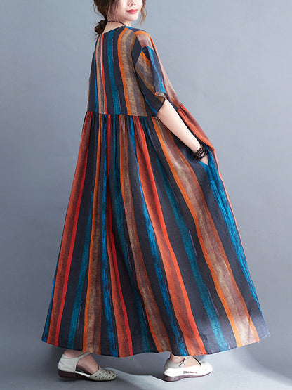 Original Loose Striped Contrast Color Pleated Midi Dress