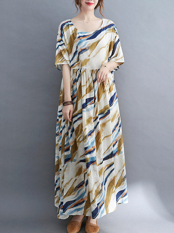 Vintage Loose Printed Split-Joint Pleated Half Sleeves Maxi Dress