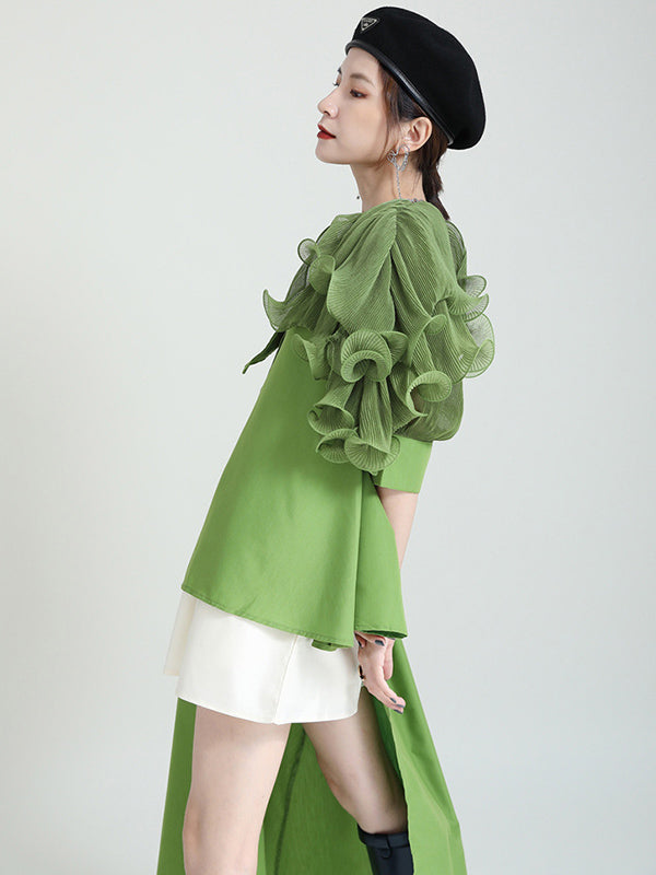 Stylish Irregular 4 Colors Split-Joint Pleated Mesh Falbala Buttoned Lapel Collar Bishop Sleeves Blouse