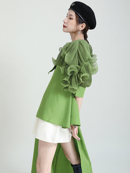 Stylish Irregular 4 Colors Split-Joint Pleated Mesh Falbala Buttoned Lapel Collar Bishop Sleeves Blouse