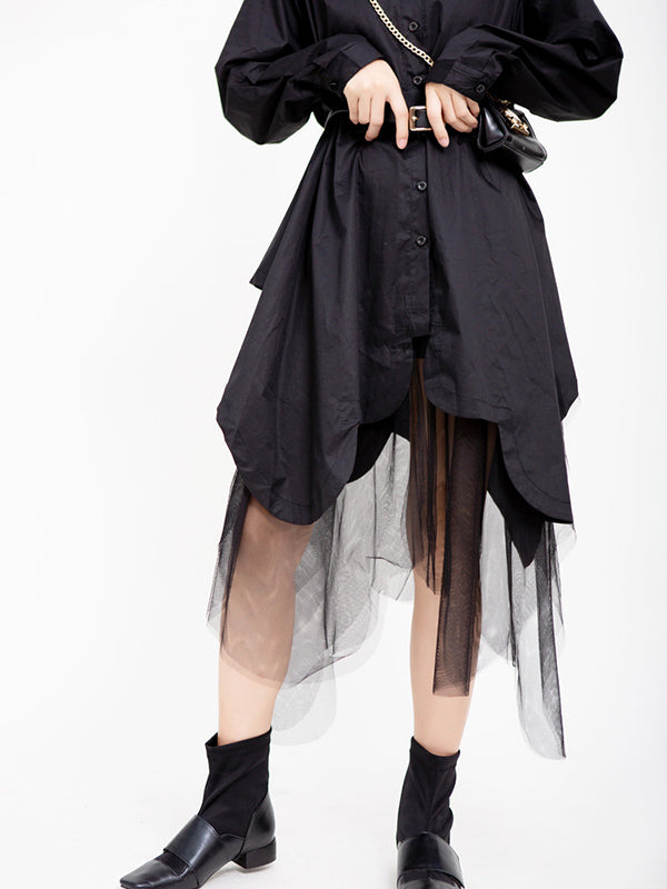 Urban Black&White Lapel Long Sleeves Shirt Dress