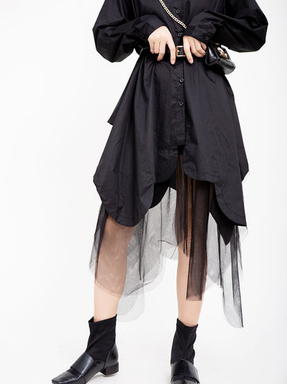 Urban Black&White Lapel Long Sleeves Shirt Dress