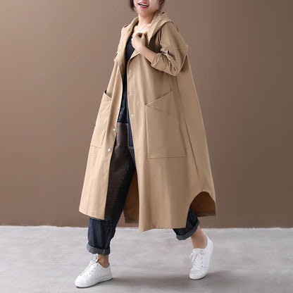 Buykud Loose Single-breasted Solid Color Hooded Windbreaker