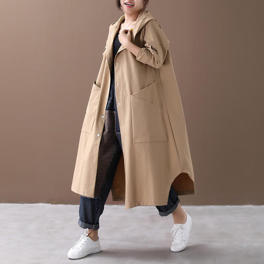 Buykud Loose Single-breasted Solid Color Hooded Windbreaker