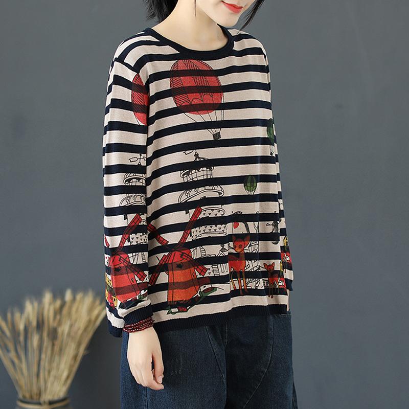 Buykud Stripes Cartoon Pullover Casual Knitted Shirt