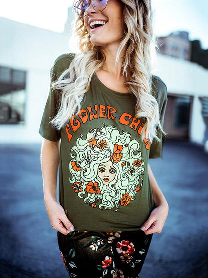 Simple 2Color Flower Child Printed T-Shirts Tops