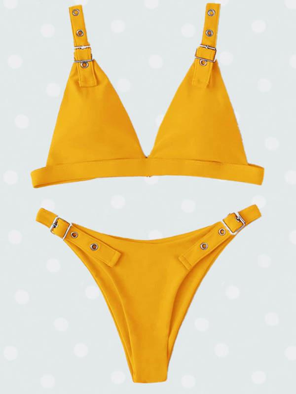 Solid Color Adjusting Buckle Split Bikini Swimsuit