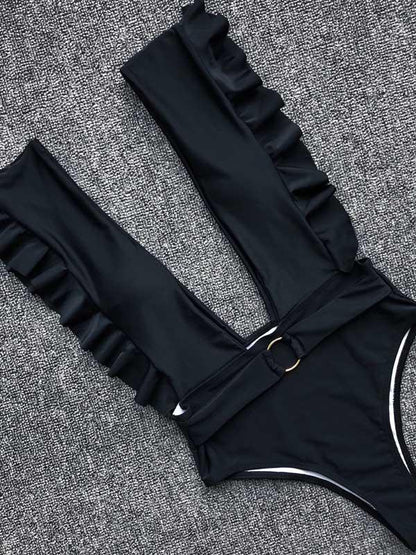 Deep-neck Ruffled Plain One-piece Swimsuit