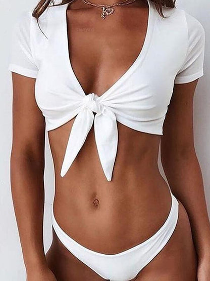 Short Sleeves Plain Bikinis Swimwear