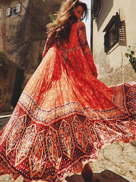 Floral Long Sleeves Beach Cover-Ups Dress