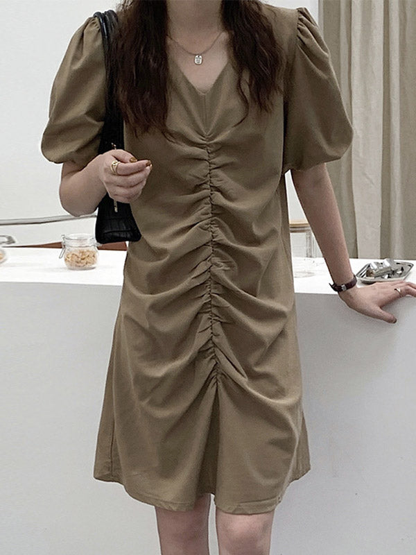 Urban Pleated Solid Color V-Neck Bishop Sleeve Mini Dress