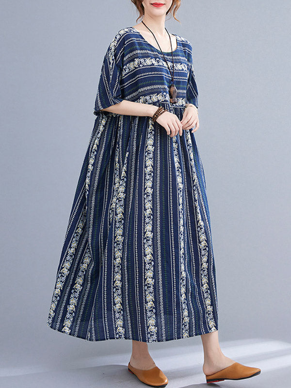 Vintage Striped Printed Round-Neck Short Sleeves Midi Dress