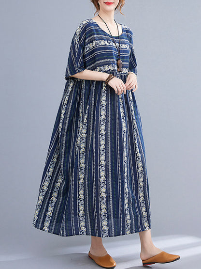 Vintage Striped Printed Round-Neck Short Sleeves Midi Dress
