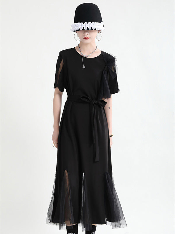 Asymmetric Split-Joint Gauze Hollow Short Sleeves A-Line Midi Dress