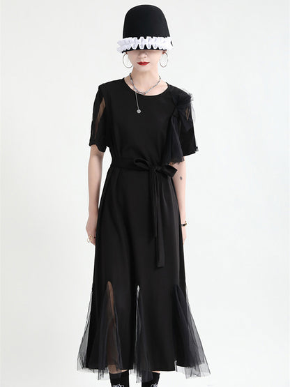 Asymmetric Split-Joint Gauze Hollow Short Sleeves A-Line Midi Dress