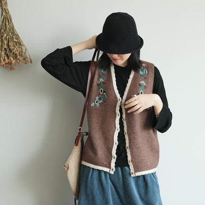 Buykud Wavy Edge Embroidery Cardigan Retro Waistcoat