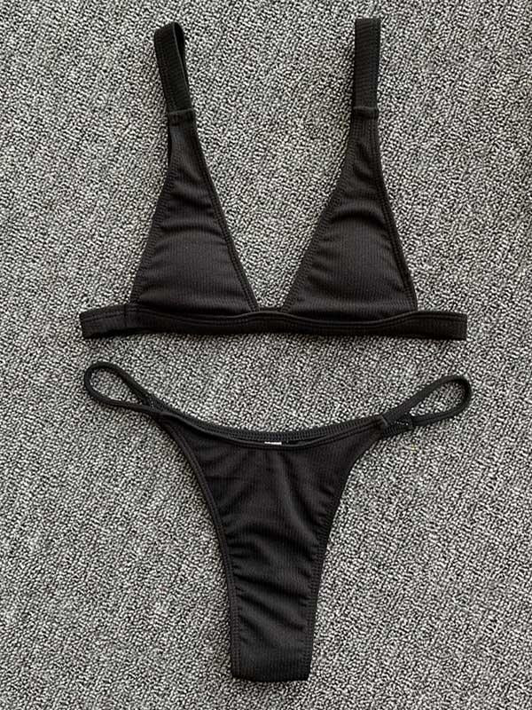 Solid Color Triangle Split Bikini Swimsuit