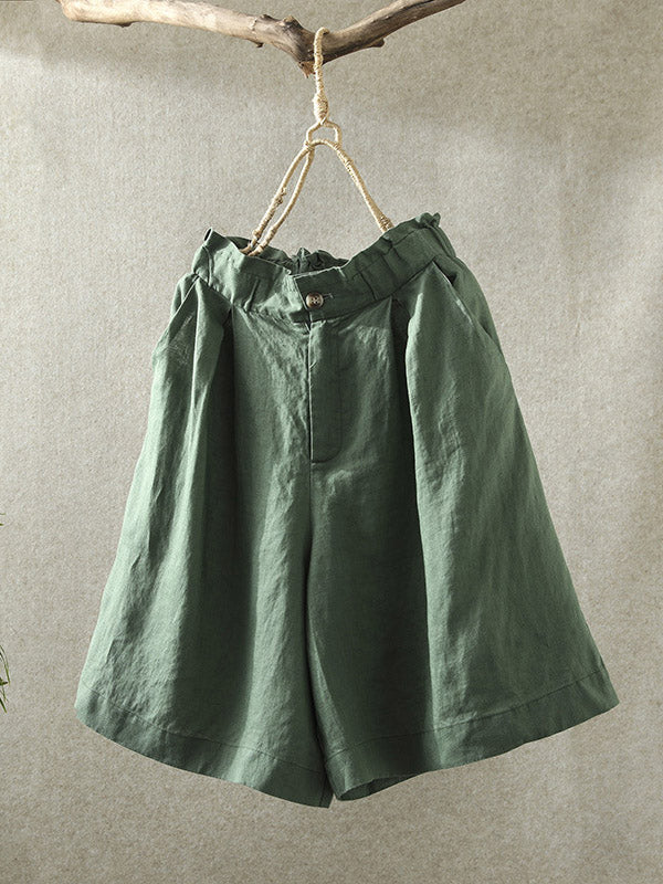 Casual Linen Solid Color Elasticity Waist Wide Leg Shorts