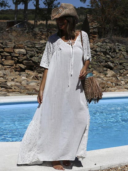 White Hollow Split-joint Maxi Dress