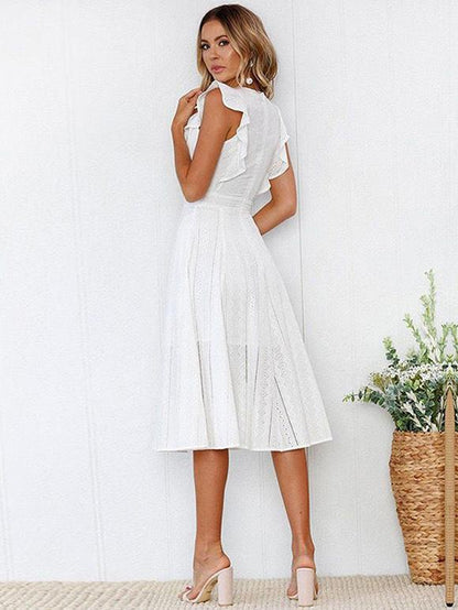 Lace Hollow Fuffled Irregular Midi Dress