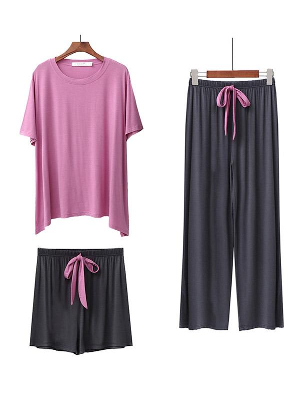 Three Pieces Comfortable Short Sleeve T-Shirt&Wide-Leg Shorts&Pants Pajama Suit