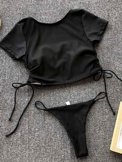 Lace Up Bandeau Short Sleeve Bikini Swimsuit