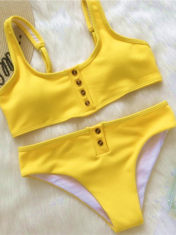Button Solid Beach Bikinis Swimwear